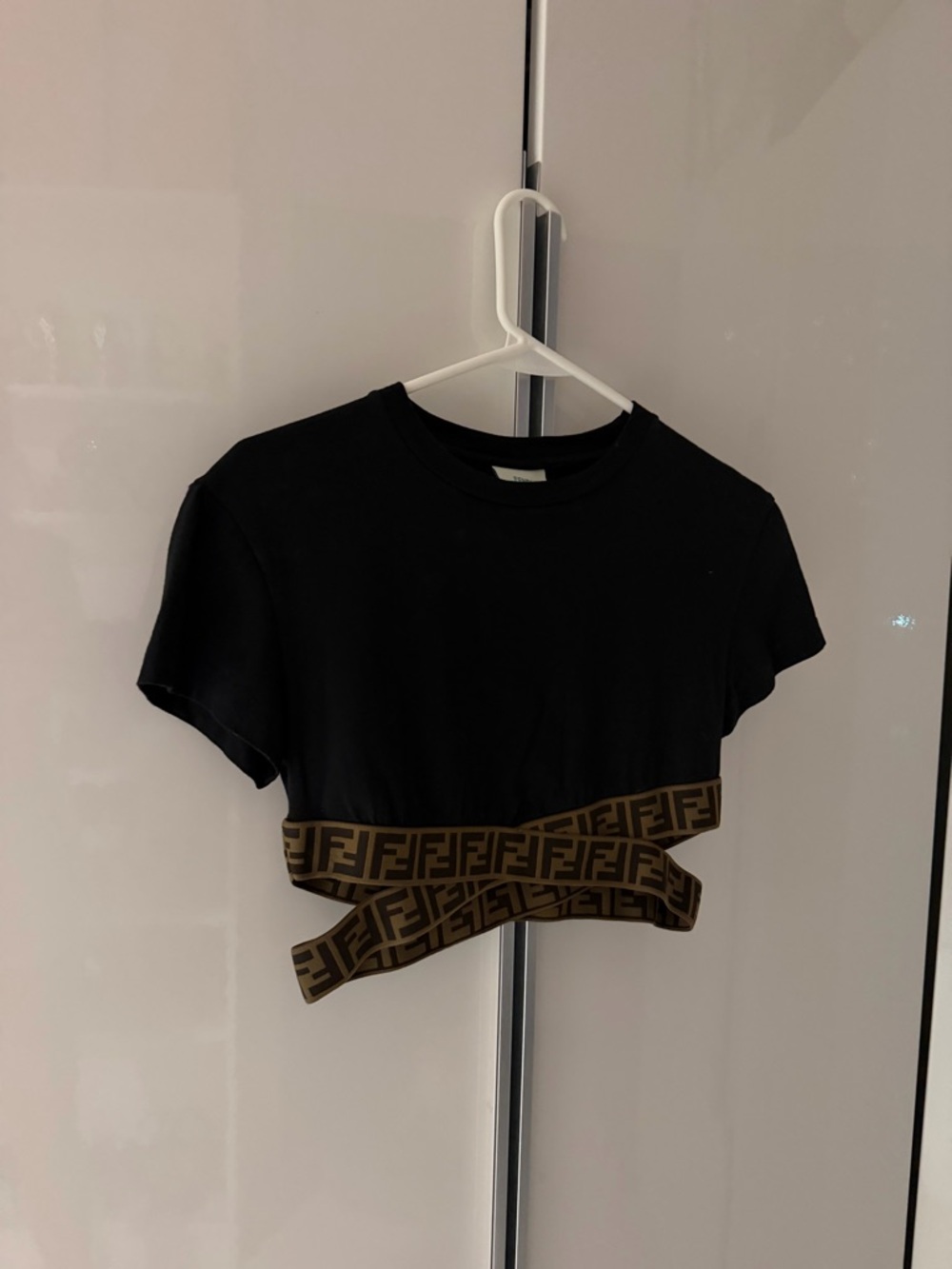 Fendi Black Cropped Tee with Brown FF Logo Trim - Picture 2 of 3